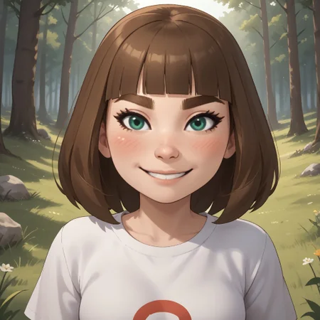 score_9, score_8, BREAK, solo, mii, wii u, wii sports club, 1girl, female mii, cute, green-ish brown hair, brown eyebrows, white skin, green eyes, small nose, blush, smile, long hair, fringe, white clothing, white pants, sneakers, small breasts, Millie_(\Wii_Sports_Club\), Nintendo Mii, modern_mii, classic_mii, sexy pose, self portrait, smile, outdoors, sunlight, shadows, evening lighting, natural lighting, forest, trees, grass, orange sky, sunset