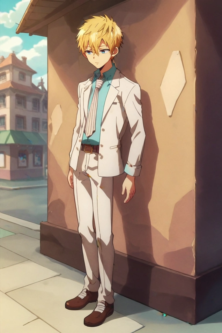 score_9, score_8_up, score_7_up, , rating_safe, intricate details, anime screencap, anime coloring, official style, , , 1boy, solo, male focus, <lora:teru_minamoto_pony:0.8>, teru_minamoto, blonde hair, blue eyes, short hair, bangs, hair between eyes, full body, town, suburbs, day, clouds, legs together, :o, suit jacket, turban, <lora:sdxl_lightning_8step_lora:1>