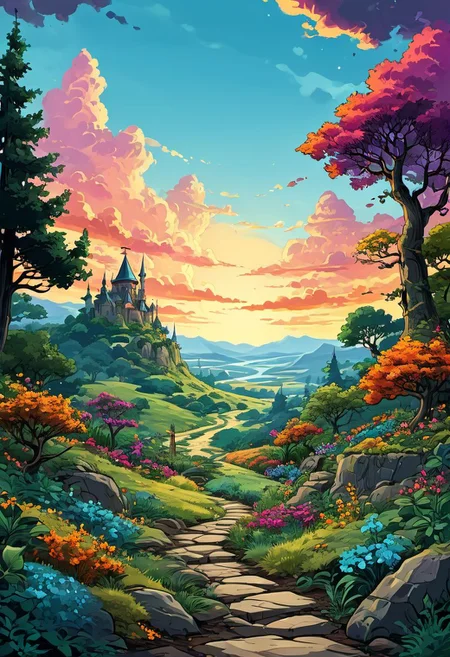 cartoon comic {A fantasy style landscape, scenery of an ancient magical kingdom, magical flora, on a stone path, under a colorful sky filled with magic and mystery} . graphic illustration, comic art, graphic novel art, highly detailed, vibrant colors, 8k, sharp, professional, clear, high contrast, high saturated, vivid deep blacks, crystal clear,