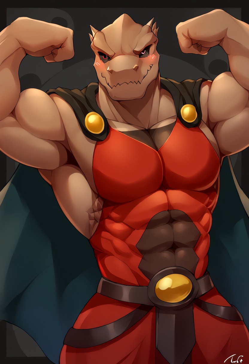 score_9, score_8_up, score 7_up, source_anime, digital art, male focus, 1boy, solo, upper body, topless male, (((biceps, thick arms, thighs, thick thighs))), ((((pectorals, large pectorals)))), muscular, muscular male, Rak, Scalie, Red eyes, Black sclera, smile, smirk, smug, closed mouth, blush, bara, looking at viewer, standing, flexing, arms up, red robe, red cape, yellow background, black background, abstract background