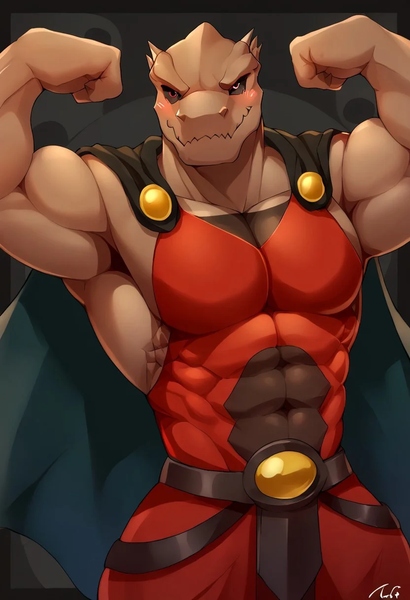 score_9, score_8_up, score 7_up, source_anime, digital art, male focus, 1boy, solo, upper body, topless male, (((biceps, thick arms, thighs, thick thighs))), ((((pectorals, large pectorals)))), muscular, muscular male, Rak, Scalie, Red eyes, Black sclera, smile, smirk, smug, closed mouth, blush, bara, looking at viewer, standing, flexing, arms up, red robe, red cape, yellow background, black background, abstract background