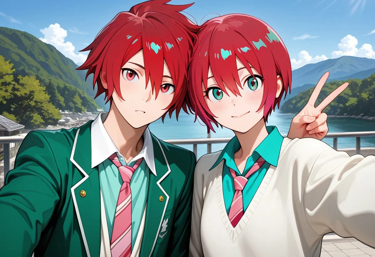 masterpiece, best quality, amazing quality, absurdres, newest, detailed background, definition so sharp, Ultra-HD, 8K cinematic, very awa, impressionate, amazing quality, highres,
duo, couple focus, different high, different size, side by side, v, selfie, upper body, day, blue sky, outdoor,
BREAK
(1boy, kagayakibishounen, takuto_red eyes, takuto,red hair, short hair, takuto_school uniform, green blazer, white collared shirt, pink tie),
BREAK
(1girl, amate yuzuriha,aqua shirt,striped necktie,white sweater,),