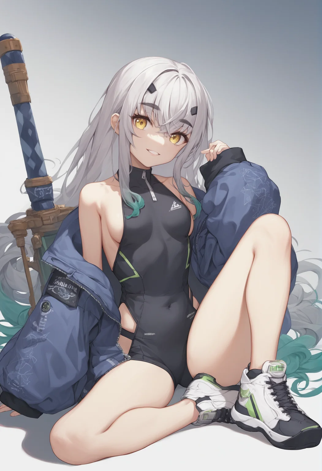 1girl, black footwear, breasts, collarbone, covered navel, crossed bangs, forked eyebrows, gradient hair, grey hair, hand up, holding, holding weapon, jacket, knee up, long hair, looking at viewer, multicolored footwear, multicolored hair, open clothes, open jacket, parted lips, shoes, sideboob, sidelocks, sitting, sleeves past wrists, small breasts, smile, sneakers, solo, thighs, very long hair, weapon, white footwear, yellow eyes, zipper <lora:Melusine XL:1>, score_9, score_8_up, score_7_up, score_6_up, score_5_up, score_4_up, BREAK source_anime, masterpiece