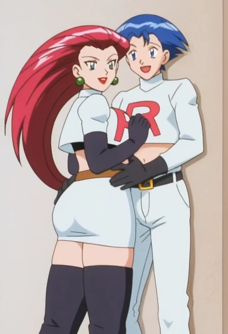 masterpiece, best quality, anime screencap, anime coloring, couple, standing,
BREAK
1girl, PMJessie, red hair, long hair, earrings, blue eyes, red lips, large breasts, thick thighs, big ass, team rocket uniform, jacket, white jacket, black crop top, elbow gloves, black gloves, navel, midriff, miniskirt, white skirt, black thighhighs, thigh boots, looking at partner, smile,
BREAK
1boy, james (from pokemon), EPpkJames, short hair, blue hair, green eyes, belt, belt buckle, black footwear, black gloves, white shirt, boots, buckle, elbow gloves, gloves, open mouth, pants, belt, shirt, smile, team rocket, thigh boots, white pants, team rocket uniform, standing, hands on own jessie's ass, looking at partner,