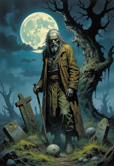 Comic book style 8k high quality digital painting , masterpiece, very detailed, ultra realistic, (best quality) very detailed epic masterpiece, a zombie-like very old man is standing on a churchyard in front of a freshly opened grave, insane facial expression, stringy muddy long hair, pale face, sunken cheeks, opened mouth, lank body, ragged outfit, ragged coat, a shovel in his hand, cemetary with an opened grave, old neglected headstones, high grass, gnarled tree in the background, foggy, full moon, dramatic sky, very dark night, scary scene, action, scary, best quality, epic scene,  Dungeons and dragons atmosphere, heroic fantasy, fna_style, Comic book style