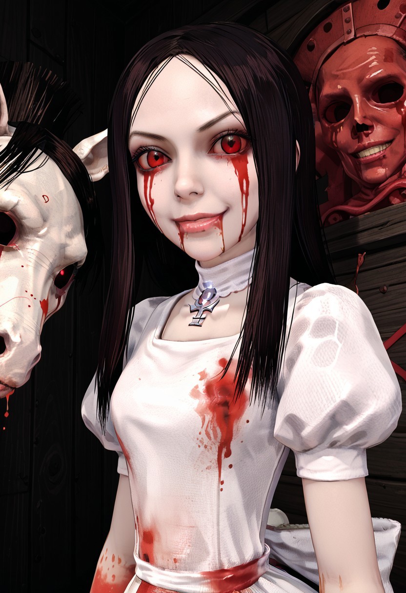 SCORE_9, SOURCE_ANIME, PORTRAIT, ALICE LIDDELL, PALE SKIN, BLACK HAIR, RED EYES, BLOODSHOT, BLOODY DRESS, HAUNTED HOUSE, HORROR (THEME), SMIRK, HOBBY HORSE, RUSTED WALLS, BLOODY MESS