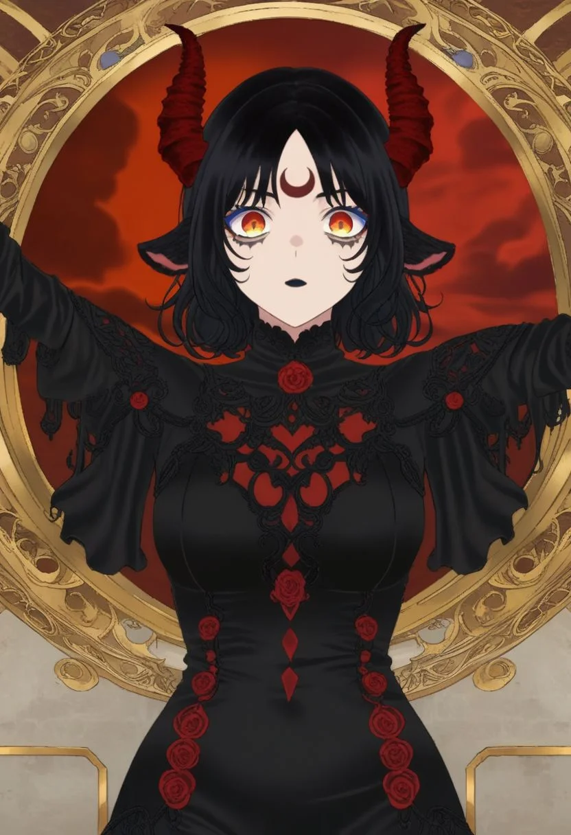 red moon mark on forehead, jet black hair, orange eyes, black goat ears only, red goat horns, medium hair, orange eyes, blue eyeliner, no human ears, mark on face, gray marks below eyes, (gothic noir , Classicism Art but extremely beautiful:1.4), (intricate details, masterpiece, best quality:1.4) , Conceptual Art, reference illustration, concept art, dynamic pose , looking at viewer, niji style, <lora:add-detail-xl:1> <lora:xl_more_art-full_v1:0.5> <lora:looking_at_viewer:2> <lora:M_niji_XL:0.7>