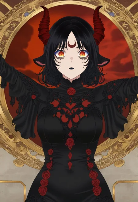 red moon mark on forehead, jet black hair, orange eyes, black goat ears only, red goat horns, medium hair, orange eyes, blue eyeliner, no human ears, mark on face, gray marks below eyes, (gothic noir , Classicism Art but extremely beautiful:1.4), (intricate details, masterpiece, best quality:1.4) , Conceptual Art, reference illustration, concept art, dynamic pose , looking at viewer, niji style, <lora:add-detail-xl:1> <lora:xl_more_art-full_v1:0.5> <lora:looking_at_viewer:2> <lora:M_niji_XL:0.7>