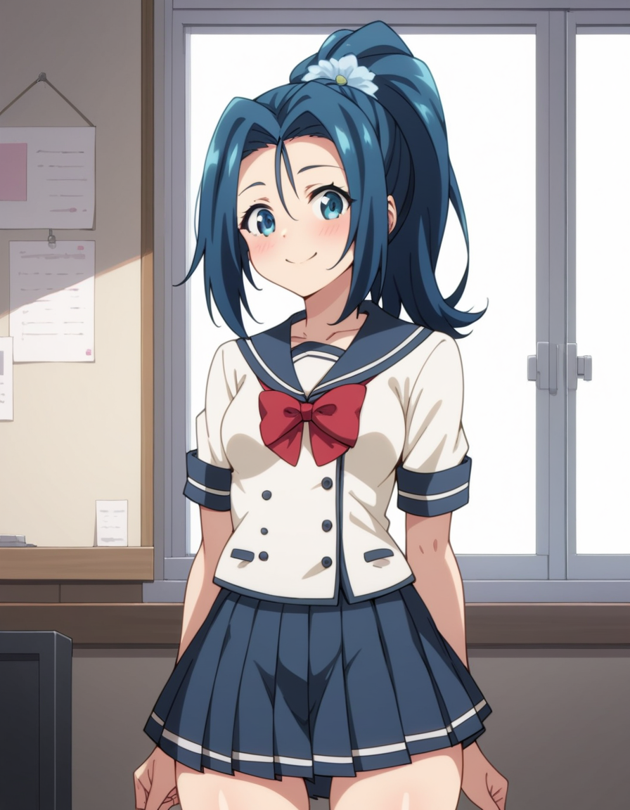 score_9, score_8_up, score_7_up, source_anime, uncensored, <lora:StS_detail_slider_v1:3>, zPDXLxxx, <lora:Hina_Hanetachi_PONYXL_VexVexX:1>, HinaHanetachi, 1girl, blue eyes, blue hair, ponytail, hair ornament, hair flower, medium-small breasts, school uniform, serafuku, pleated skirt, red bow, cowboy shot, indoors, from back, Spin around gracefully while capturing the movement of your dress or hair, creating a whimsical and joyful moment, thighs, looking at viewer, smile,