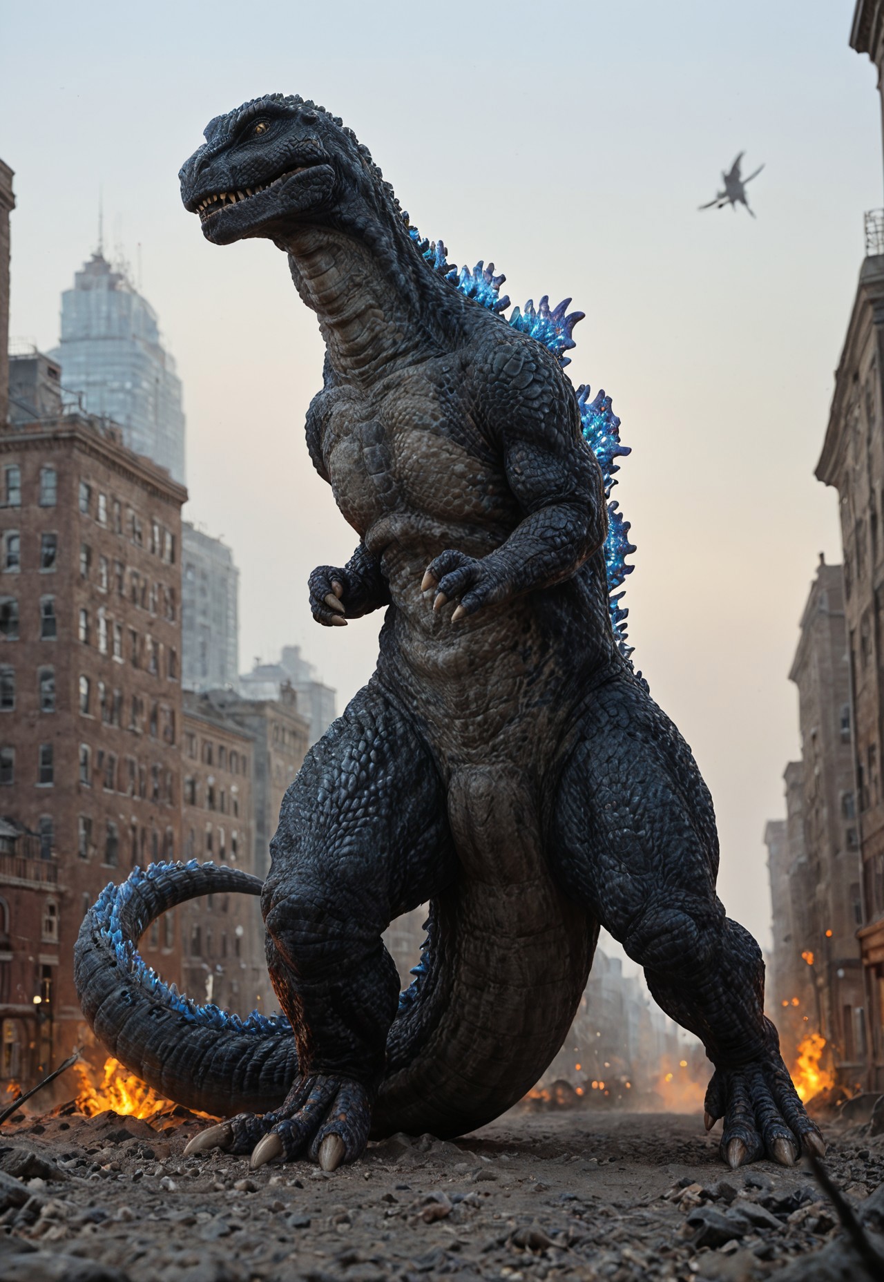 score_9, score_8_up, score_7_up, solo, 1man, giant dinosaur zilla_1998, sharp teeth, spines, blue spines, feral, realistic scales, detailed scale texture, solo, size difference, german village, solo, outdoors, city, city of fire, solo,furry male, solo, plantigrade, full body, solo, cinematic setting, extremely detailed, Macro detailed realism style photograph, 3DMM