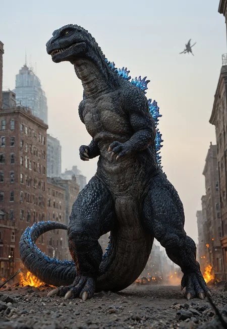 score_9, score_8_up, score_7_up, solo, 1man, giant dinosaur zilla_1998, sharp teeth, spines, blue spines, feral, realistic scales, detailed scale texture, solo, size difference, german village, solo, outdoors, city, city of fire, solo,furry male, solo, plantigrade, full body, solo, cinematic setting, extremely detailed, Macro detailed realism style photograph, 3DMM