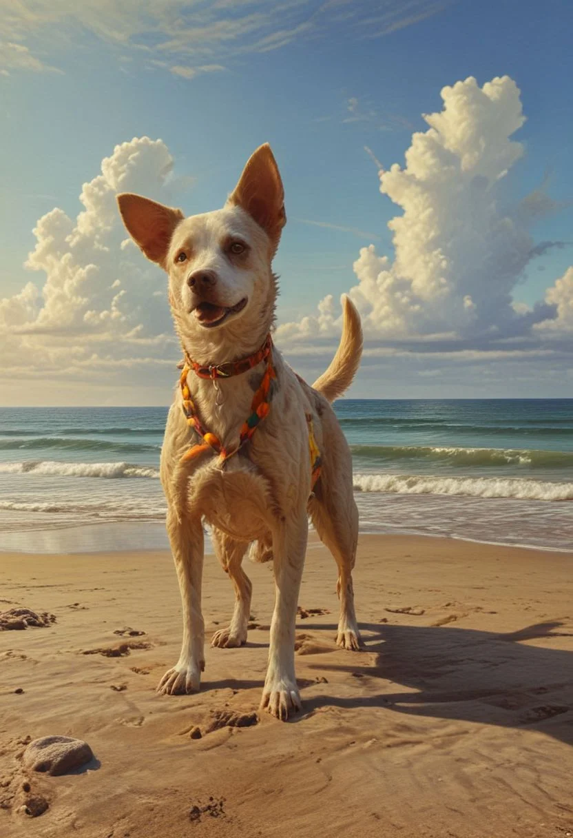 funny dog, beach side, extremely detailed oil painting, multicoloured, unreal 5 render, rhads, Bruce Pennington, Studio Ghibli, tim hildebrandt, digital art, 16K artistic photography, octane render, beautiful composition, trending on artstation, award-winning photograph, masterpiece