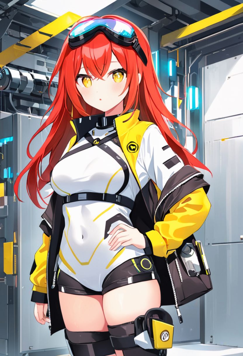 Best quality, masterpiece, sci-fi factory, one petit mechanic girl with round pert breasts, standing still, hands on hips, adorable deep red long loose hair, adorable smooth face, bright yellow eyes, mechanical goggles, black leather jacket with white shirt, slim waist, thick clavicle, thick pelvis, white very short booty shorts, thick hips, thick thighs, long boots