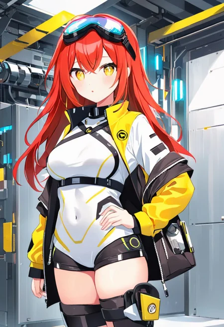 Best quality, masterpiece, sci-fi factory, one petit mechanic girl with round pert breasts, standing still, hands on hips, adorable deep red long loose hair, adorable smooth face, bright yellow eyes, mechanical goggles, black leather jacket with white shirt, slim waist, thick clavicle, thick pelvis, white very short booty shorts, thick hips, thick thighs, long boots