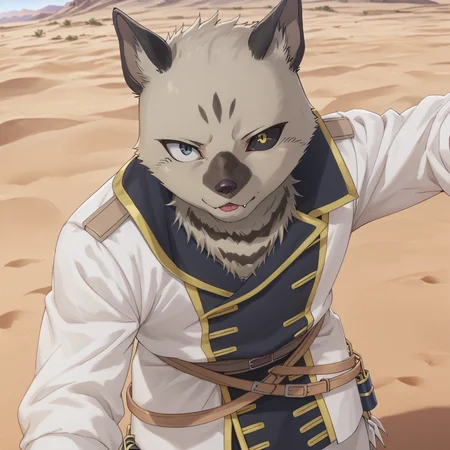 score_9, score_8_up, score_7_up, score_6_up, score_5_up, score_4_up,hi res,dynamic angle, 1boy,solo, male, canid,mammal, furry male, heterochromia, blue-grey eye, white sclera, yellow eye, black sclera,reaching towards viewer, head tilt, looking at viewer, blep, mlem, tongue,cute fang, closed mouth,white jacket, gold trim, white bottomwear, belt, light blush foreshortening, fur, masterpiece, absurd res, best quality, amazing quality, desert, sand, very aesthetic, absurdres, <lora:lanteveldtXL:1>