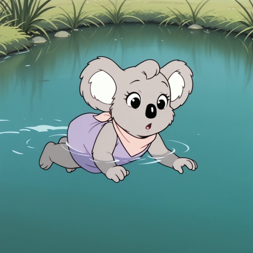 masterpiece, best quality, amazing quality, Nutsybbil, semi-anthro, female, Koala, tan fur, black eyes, purple dress, pink neckerchief, swimming, in a pond