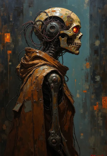 DB4RZ style painting(impasto, oil painting: 1.2) side profile of a tall female skeletal robot made of rusted metal, glowing orange eye contrasts sharply with its dark, metallic frame, wires and cables dangle from its exposed joints, giving it an eerie, decaying appearance, the robot is draped in a worn brown cloak, the background is a dimly lit industrial environment with hints of glowing circuitry, shadows are deep and pervasive, the overall atmosphere is ominous, evoking a dystopian, post-human world.