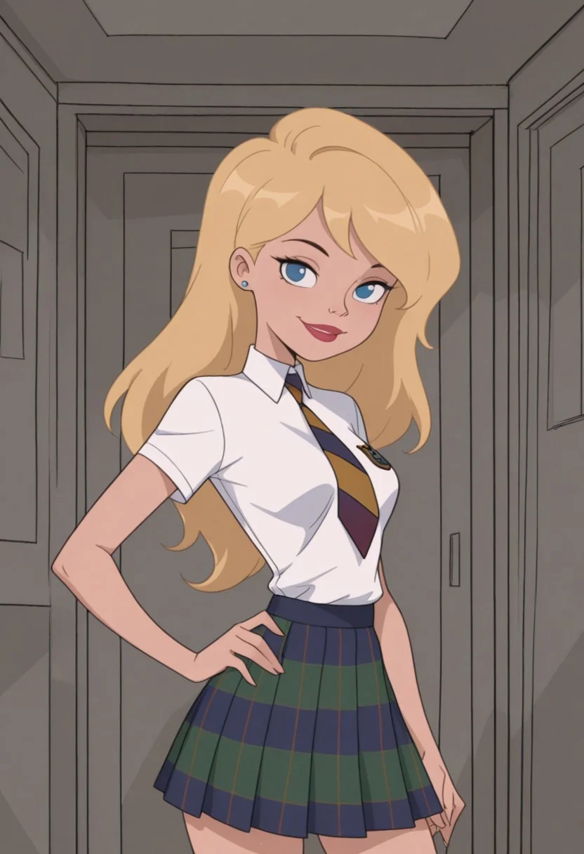 masterpiece, best quality, amazing quality, very aesthetic, absurdres, newest, 1girl, solo, indoors, looking at viewer, RS2SDXL, Human Female, Blue Eyes, Blonde Hair, Long Hair, Lips, Red Lips, Lips, Red Lips, Blue Eyes, Long Hair, cowboy shot, hand on hip, smile, earrings, stud earrings, School Uniform, White Shirt, Collared Shirt, Short Sleeves, Necktie, Striped Necktie, Skirt, Plaid Skirt