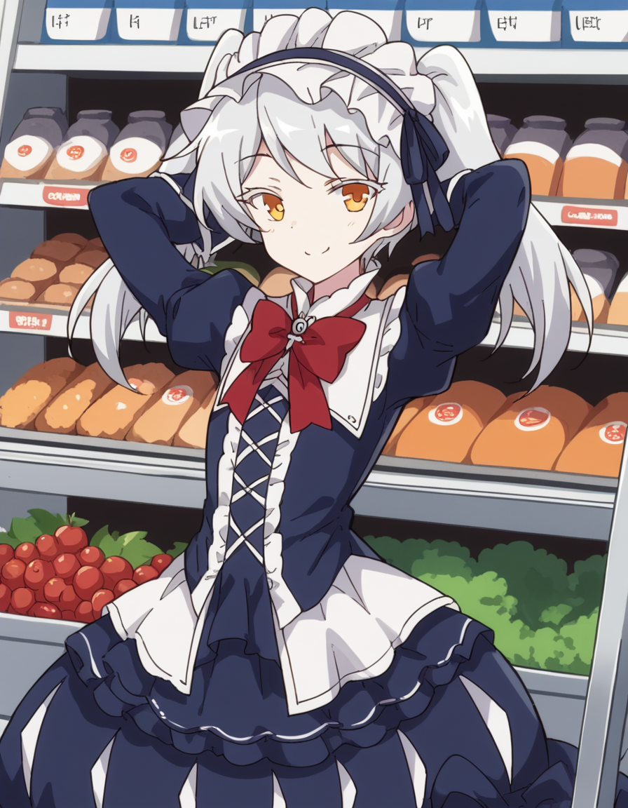 score_9, score_8_up, score_7_up, source_anime, <lora:isekaismartphone-leen-s2-ponyxl-lora-nochekaiser:1>, leen, ribbon, twintails, yellow eyes, white hair,, dress, blue dress, long sleeves, frilled dress, red bowtie, puffy sleeves, frilled skirt, skirt, blue skirt, headdress, frille headdress,, grocery store, shopping cart, picking fruits, everyday life, , smile, hands behind head,, looking at viewer, solo,, dutch angle, cowboy shot