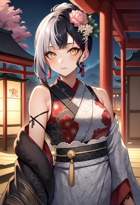 score_9, score_8_up, score_7_up, source_anime, 1girl, solo, ShiroNewYears, split-color hair, white hair, black hair, yellow eyes, short hair, hair bun, single sidelock, hair flower, tassel earrings, grey kimono, floral print, detached sleeves, black shawl, black lace gloves, outdoors, night, shrine, <lora:ChamShioriNovella:1>