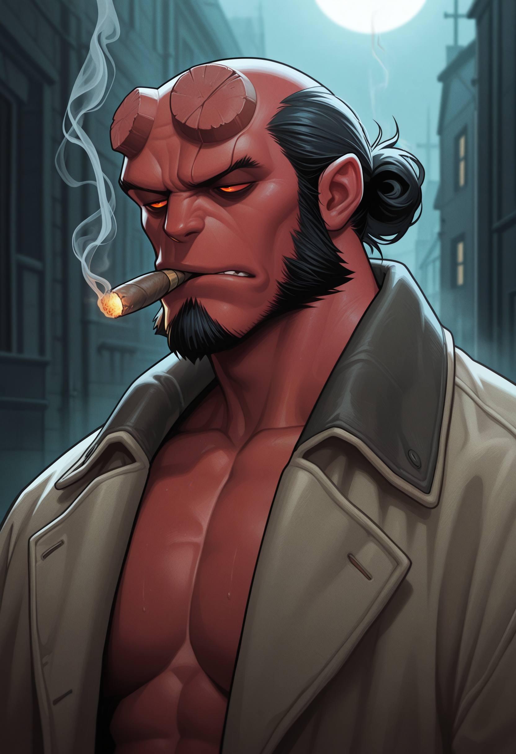 masterpiece, best quality, amazing quality, solo, 1boy, HellboyHB, Coat, upper body, smoking, cigar
