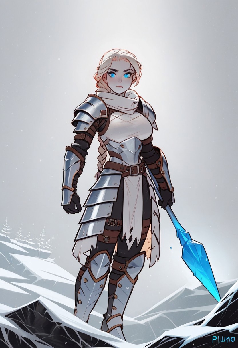 (score_9, score_8_up, score_7_up), tlu, rating_safe,ph1lt0m4t0,3m0t3,
(1girl, solo, imposing valkyrie warrior), ice-blue eyes, athletic body type, large breasts, pale skin with battle scars, fierce expression, long braided hair with metal clasps, platinum blonde hair, heavy fur-lined armor with steel accents, standing on a snow-covered cliff, icy mountain background, gripping a frost-tipped spear, faint winter mist, cold blue light.