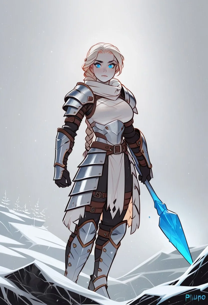 (score_9, score_8_up, score_7_up), tlu, rating_safe,ph1lt0m4t0,3m0t3,
(1girl, solo, imposing valkyrie warrior), ice-blue eyes, athletic body type, large breasts, pale skin with battle scars, fierce expression, long braided hair with metal clasps, platinum blonde hair, heavy fur-lined armor with steel accents, standing on a snow-covered cliff, icy mountain background, gripping a frost-tipped spear, faint winter mist, cold blue light.