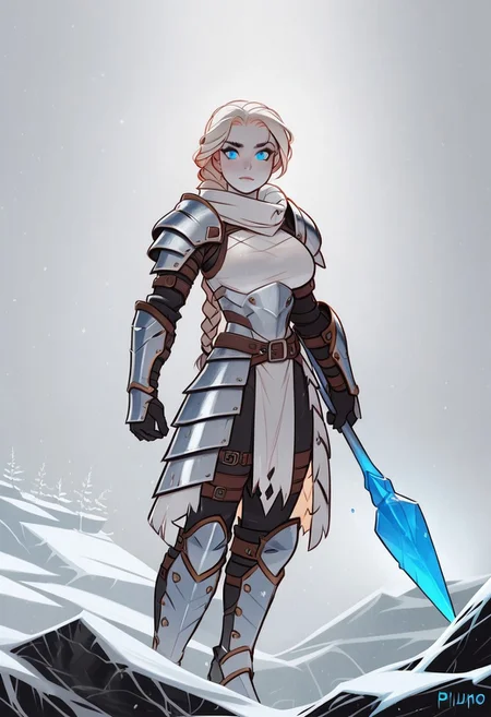 (score_9, score_8_up, score_7_up), tlu, rating_safe,ph1lt0m4t0,3m0t3,
(1girl, solo, imposing valkyrie warrior), ice-blue eyes, athletic body type, large breasts, pale skin with battle scars, fierce expression, long braided hair with metal clasps, platinum blonde hair, heavy fur-lined armor with steel accents, standing on a snow-covered cliff, icy mountain background, gripping a frost-tipped spear, faint winter mist, cold blue light.