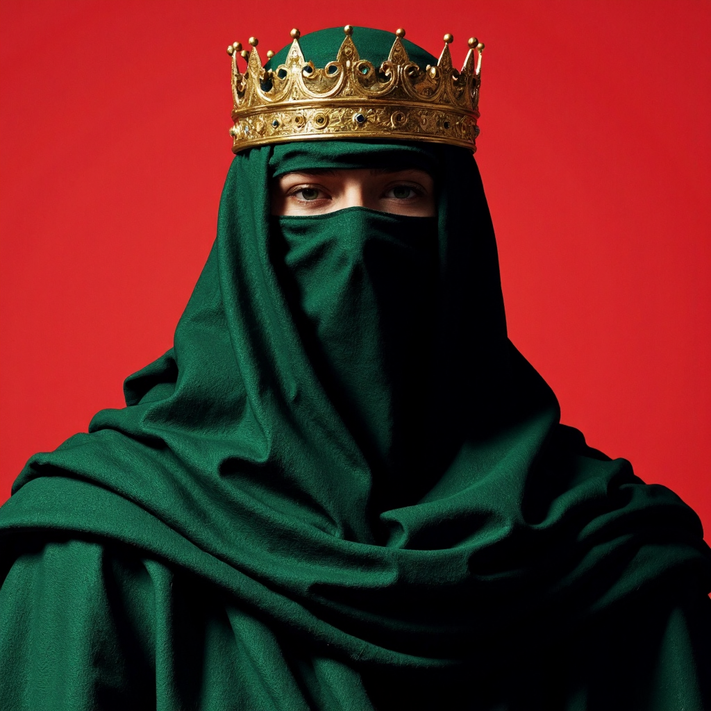 A photo of the cover for an album in the style of a medieval king, with his face covered in dark green robes and wearing a crown, a red background. The album artwork is cinematic, minimalist, with simple shapes, ultra-detailed, hyper-realistic, and in high resolution and high definition.