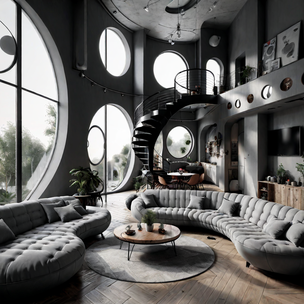 <lora:retro_XL_2:1> retro  design multi floor home, gray scale pallet, curvy stairs, round windows super high ceiling