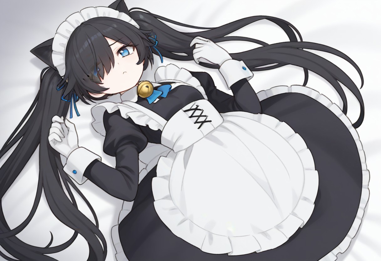 (Maid-kasli), solo, white gloves, dress, hair over one eye, maid apron, blue eyes, twintails, cat ears, maid headdress, maid, gloves, 1girl, apron, juliet sleeves, long sleeves, long hair, black hair, animal ears, bell,(Fall down),
