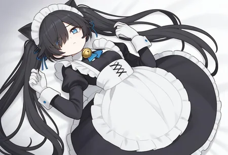 (Maid-kasli), solo, white gloves, dress, hair over one eye, maid apron, blue eyes, twintails, cat ears, maid headdress, maid, gloves, 1girl, apron, juliet sleeves, long sleeves, long hair, black hair, animal ears, bell,(Fall down),