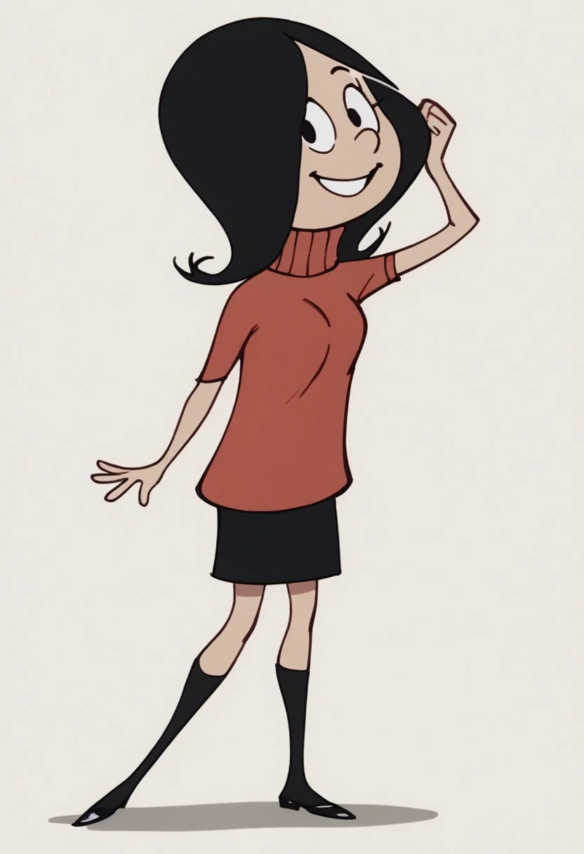 score_9, score_8_up, score_7_up BREAK Calcetinera, 1girl, black hair, black eyes, red turtleneck sweater, black skirt, black socks, flat white shoes, suggestive pose, cartoon, source_cartoon, solo, solo focus, smiling,