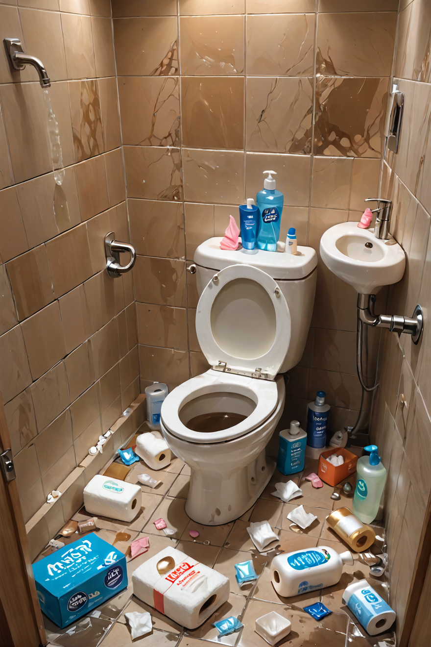 ( highly professional, dramatic lighting, extremely beautiful:1.4),masterpiece,high quality,highres,hyper detailed,(intricate details, masterpiece, best quality:1.4),(8k, RAW photo, highest quality),hyper realistic,intricate abstract,intricate artwork,abstract style,highly detailed,(intricate details),hdr,(intricate details, hyper detailed:1.2),cinematic shot,extremely high-resolution details,photographic,realism pushed to extreme,fine texture,incredibly lifelike,,,ruanyi0181,indoors,toilet,no humans,bottle,box,bucket,cardboard box,condom,condom wrapper,cum,cup,electrical outlet,faucet,lotion bottle,multiple condoms,shower head,soap,soap bottle,tile floor,tile wall,tiles,tissue,tissue box,toilet paper,toothbrush,towel,trash can,used condom,used tissue,water,<lora:WildcardX-XL-Detail-Enhancer:1>,<lora:0181 dirty toilet_xl_v2:1>