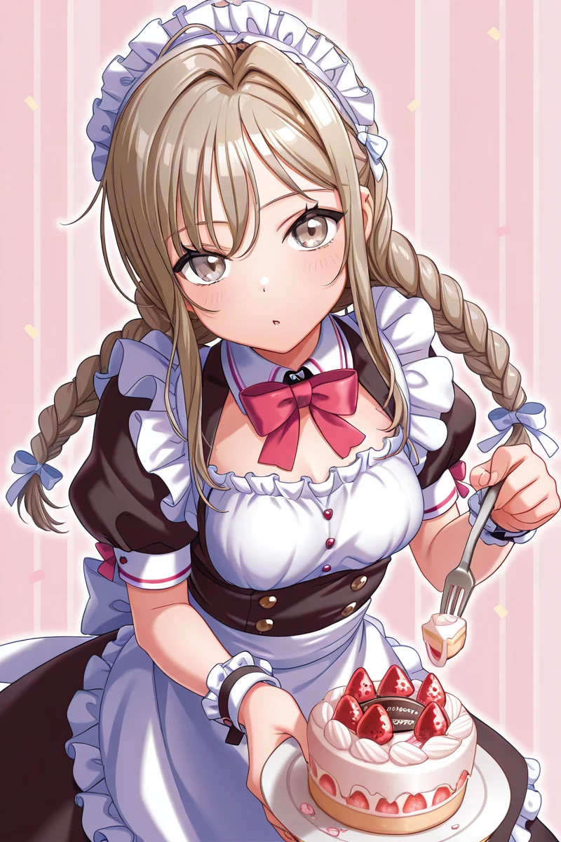 masterpiece, best quality, amazing quality,
<lora:HayateV2_IL:1> hayate, food, cake, braid, solo, apron, fruit, maid, holding, bow, dress, frills, fork, maid headdress, twin braids, looking at viewer, short sleeves, strawberry