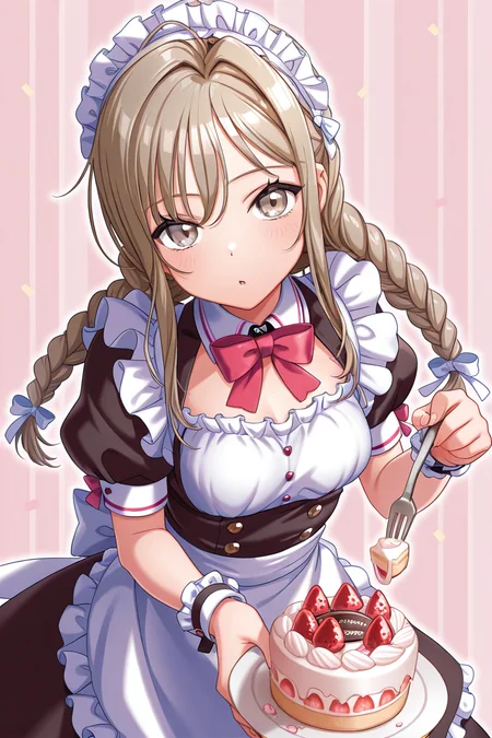masterpiece, best quality, amazing quality,
 <lora:HayateV2_IL:1> hayate, food, cake, braid, solo, apron, fruit, maid, holding, bow, dress, frills, fork, maid headdress, twin braids, looking at viewer, short sleeves, strawberry