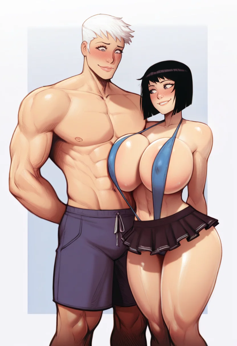 masterpiece, best quality, S4s4k1Nsfw,<lora:NaughtydevilHs:1> 1girl, 1boy, breasts, swimsuit, hetero, black hair, huge breasts, short hair, bikini, blush, navel, muscular, thighs, slingshot swimsuit, white hair, skirt, simple background, thick thighs, standing, abs, smile