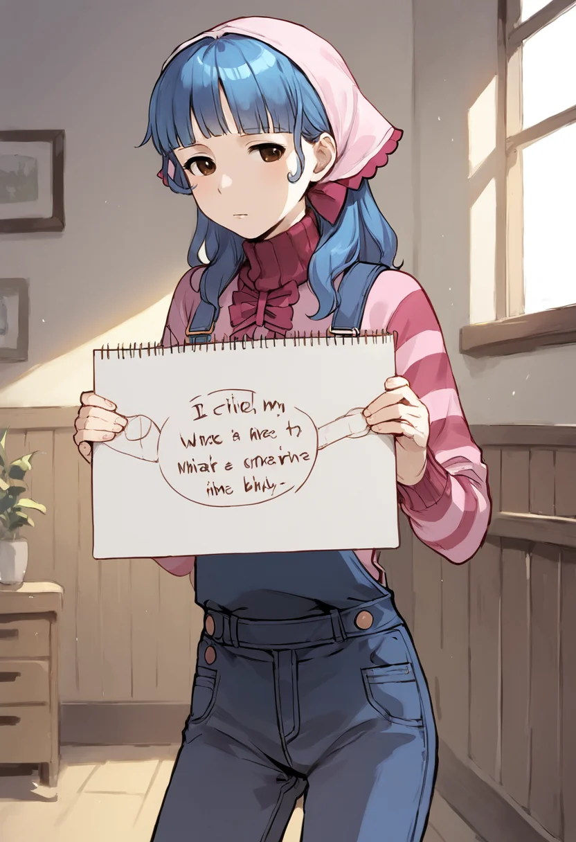 score_9, score_8_up, score_7_up, uncensored, masterpiece, best quality, source_anime BREAK 1girl, solo, vera misham, blue hair, brown eyes, pink bandana, Expressiveh, overalls, sweater, striped, denim, holding sketchbook, drawing, holding sign, english text, indoors <lora:Expressive_H:0.6> <lora:add-detail-xl:0.5> <lora:Vera_Misham:0.8>