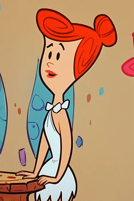 score_9,score_8_up,score_7_up,score_6_up,score_5_up,score_4_up <lora:Smooth Night Style SDXL_LoRA_Pony Diffusion V6 XL:0.7> <lora:The_FlintstonesPonyV3:1> Wilma Flintstone, red hair, single hair bun, white dress , the flintstones background