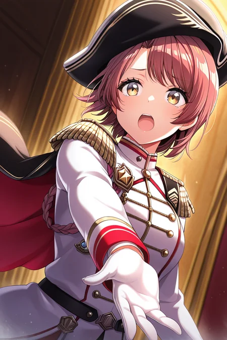 masterpiece, best quality, amazing quality,
<lora:Haruna_IL:1> haruna, 1girl, hat, solo, epaulettes, gloves, open mouth, yellow eyes, long sleeves, upper body, short hair, cape, braid, outstretched arm, uniform, bangs