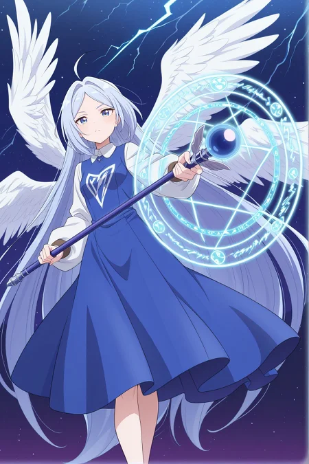 absurdres, highres, masterpiece, best quality, amazing quality, official anime artwork, screencap, anime screencap, looking at viewer, night, space, flying, 
 <lora:Sariel_Illustrious:1> sariel, 1girl, solo, blue eyes, blue hair, absurdly long hair, parted bangs, ahoge, small breasts, angel wings, multiple wings,, blue dress, long dress, white shirt, collared shirt, white sleeves, puffy long sleeves, wide sleeves, scepter,
spark, lightning, serious, dynamic pose, floatin hair, magic circle, (danmaku:1.2),