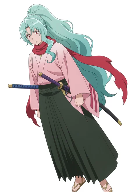 Smooth Quality,masterpiece, ultra realistic,
simple background, white background, 
dutch angle,horrified,
 <lora:Tomoecnn:0.8> sofia/cnn, 1girl, long hair, scarf, ponytail, red eyes, japanese clothes, katana, green hair, very long hair,sandals,