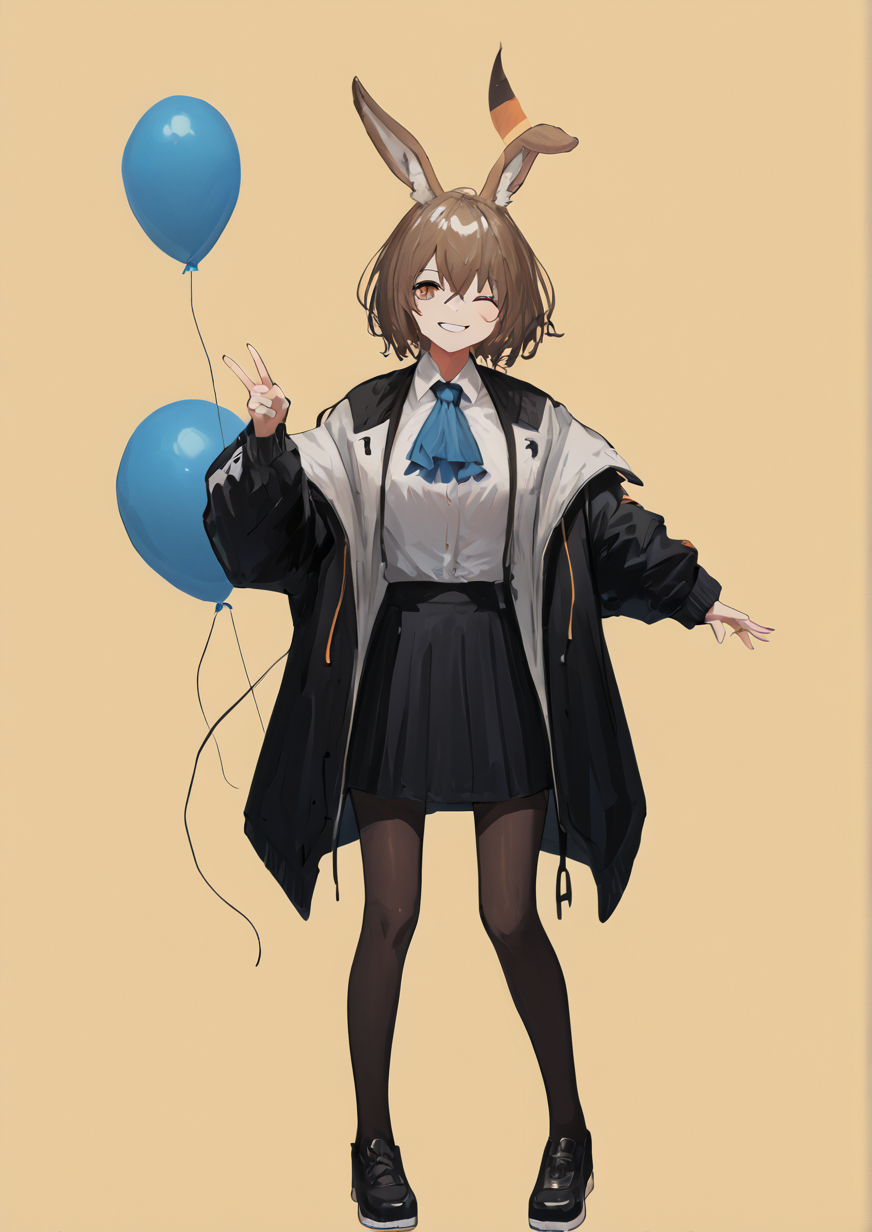 1girl, amiya (arknights), huge breast, ;d, animal ears, ascot, balloon, black jacket, black pantyhose, black skirt, blue ascot, brown hair, full body, jacket, one eye closed, open clothes, open jacket, pantyhose, rabbit ears, rabbit girl, shirt, skirt, smile, solo, white shirt, yellow background, zPDXL3,  handfixer <lora:HandFixer_pdxl_Incrs_v1:1> <lora:pikuson:0.8>