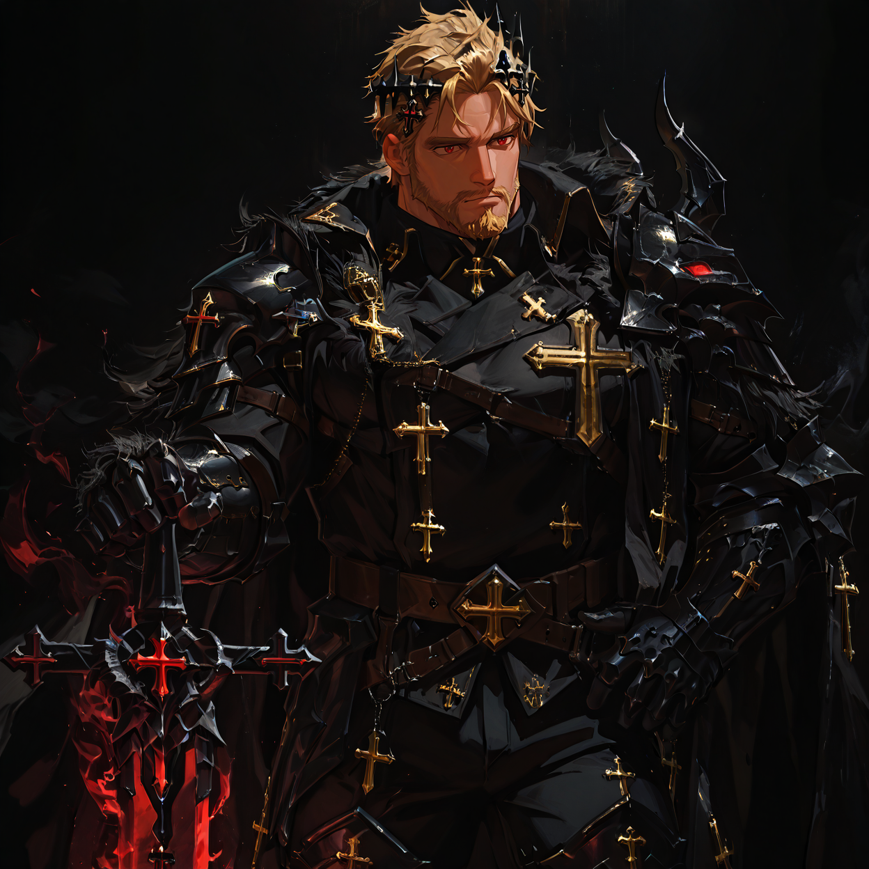 <lora:Arthur__Alchemist_Code-000004:.7>, tagacollabarthur, coarchie_blonde, coarchie_red eyes, 1boy, short hair, hair ornament, solo, male focus, manly, mature male, bara, muscular male, coat, emblem, cross, armor, gauntlets, pants, boots, grabbing sword,
{upper body|cowboy shot}, 
(very short hair), male focus, muscular male, large pectorals, muscular male, bara, mature, (hairy body, hairy, body hair, arm hair, leg hair, hairy body, glossy skin, bara, mature, facial hair, beard, full beard, sideburn, mustache, stubble), facial hair, bara, mature, body hair, aixiwuganda_(20222192), very awa, masterpiece, best quality, absurdres, newest, perfect quality, detailed background, intricate details,<lora:slider_Body Type_alpha1.0_rank4_noxattn_last:2><lora:Anime Summer Days 2 Style SDXL_LoRA_Pony Diffusion V6 XL:.6><lora:merged:.7>, DARK, DARK BACKGROUND, LOW-KEY LIGHTING <lora:slider_cfg_scale_boost:.7><lora:Artist6p:.55>, Artist6p, Artist04p,<lora:slider_il_brightness_slider_d1:-.5><lora:slider_il_contrast_slider_d1:-.25>,<lora:slider_contract_controller_illus01_v1:.3>, <lora:addon_illustriousXLv01_stabilizer_v1.121:.5>,<lora:slider_DarkSlider1.2_alpha1.0_rank16_full_300steps:-.2><lora:Heavenly_Beauty_r1:1>, (heavenlybeauty,)<lora:slider_style_strength_controller_illus01_v1:.25>