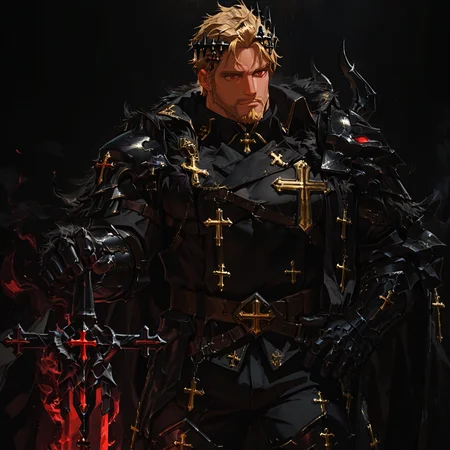 <lora:Arthur__Alchemist_Code-000004:.7>, tagacollabarthur, coarchie_blonde, coarchie_red eyes, 1boy, short hair, hair ornament, solo, male focus, manly, mature male, bara, muscular male, coat, emblem, cross, armor, gauntlets, pants, boots, grabbing sword,
{upper body|cowboy shot}, 
(very short hair), male focus, muscular male, large pectorals, muscular male, bara, mature, (hairy body, hairy, body hair, arm hair, leg hair, hairy body, glossy skin, bara, mature, facial hair, beard, full beard, sideburn, mustache, stubble), facial hair, bara, mature, body hair, aixiwuganda_(20222192), very awa, masterpiece, best quality, absurdres, newest, perfect quality, detailed background, intricate details,<lora:slider_Body Type_alpha1.0_rank4_noxattn_last:2><lora:Anime Summer Days 2 Style SDXL_LoRA_Pony Diffusion V6 XL:.6><lora:merged:.7>, DARK, DARK BACKGROUND, LOW-KEY LIGHTING <lora:slider_cfg_scale_boost:.7><lora:Artist6p:.55>, Artist6p, Artist04p,<lora:slider_il_brightness_slider_d1:-.5><lora:slider_il_contrast_slider_d1:-.25>,<lora:slider_contract_controller_illus01_v1:.3>, <lora:addon_illustriousXLv01_stabilizer_v1.121:.5>,<lora:slider_DarkSlider1.2_alpha1.0_rank16_full_300steps:-.2><lora:Heavenly_Beauty_r1:1>, (heavenlybeauty,)<lora:slider_style_strength_controller_illus01_v1:.25>
