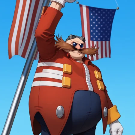 score_9, score_7_up, BREAK,
eggman, gloves, white gloves, mustache, facial hair, eyewear, goggles, goggles on head, fat, fat man, bald, red clothes,
<lora:assassinationattemptv1:1>, assassinationattempt, american flag, flag, 1boy, blue sky, arm up, clenched hand, (blood on face), solo, pole,