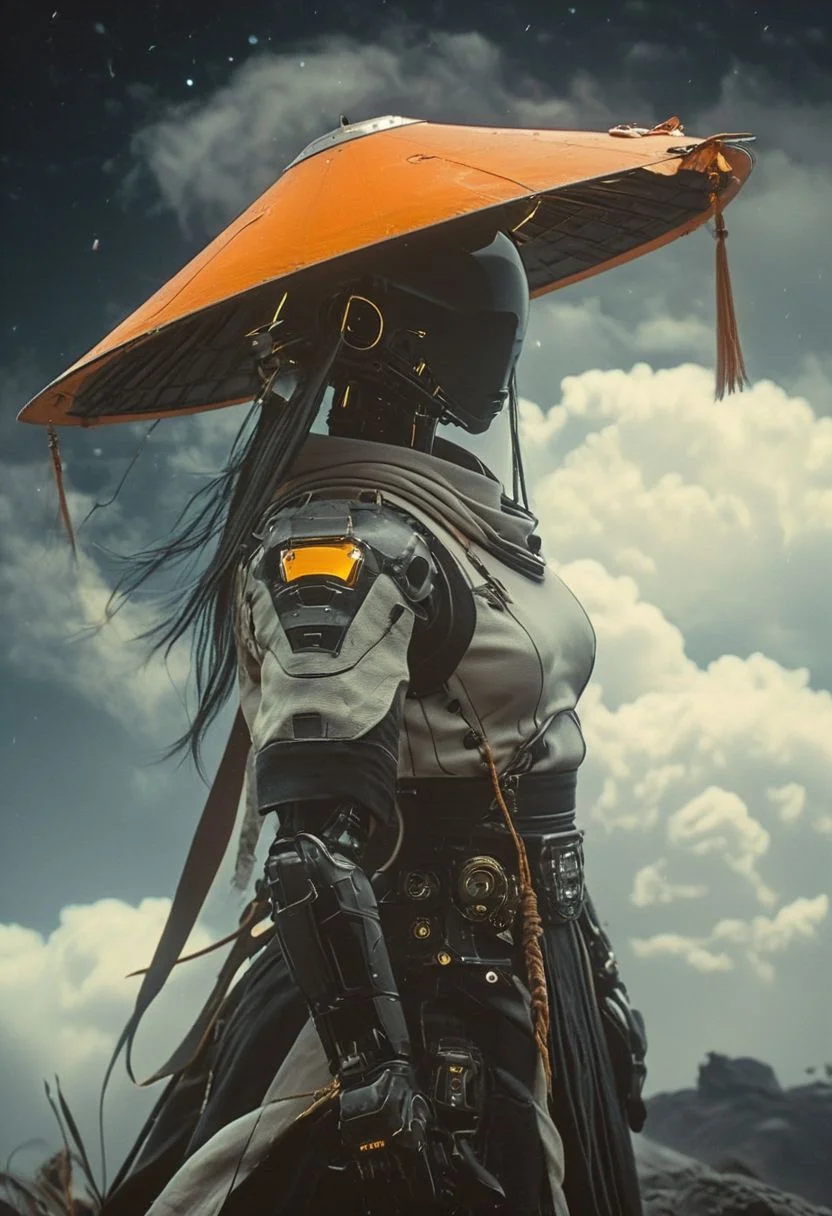 Capture the essence of transcendence and power in the stillness of a cyborg samurai meditating atop the wing of a colossal airborne carrier, piercing through the fluffy dense clouds. dark moonlit sky, Cloaked in sun-bleached linen, adorned with a towering sedge hat veiling his face, his metallic intricacies faintly aglow in translucent orange, amidst a world of ethereal heights and serenity.
., atmospheric haze, Film grain, cinematic film still, shallow depth of field, highly detailed, high budget, cinemascope, moody, epic, OverallDetail, 2000s vintage RAW photo, photorealistic, candid camera, color graded cinematic, eye catchlights, atmospheric lighting, imperfections, natural, shallow dof