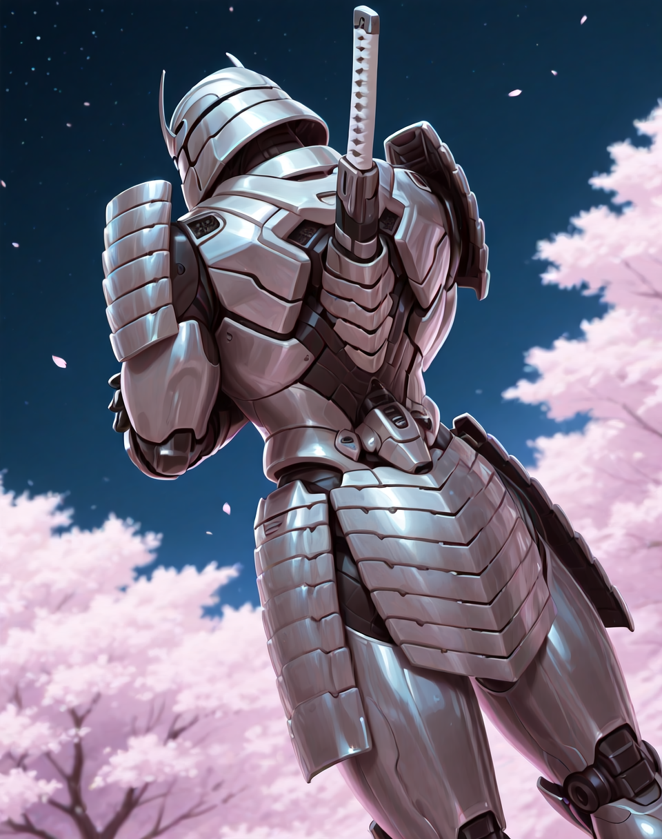 <lora:Silver_Samurai_(Marvel_Comics)_(Illustrious)_(AD):1> Silver Samurai, robot, armor, 
((
exterior, traditional Japanese noble's estate home, cherry blossoms, night sky, 
dutch angle, dynamic action, male focus, solo, fully armored, villain, hyper glossy body, powerful, superiority, back view, arms crossed, 
)),
BREAK: very awe, aesthetically pleasing, masterpiece, best quality, amazing quality, very aesthetic, depth of field, absurd details, depth of field, atmospheric rendering, natural shading, soft shading, 
BREAK: lazympos, lazypos (3),