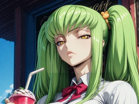 masterpiece,best quality,amazing quality,ultra detailed,
1girl,
<lora:My_Muscle_Style_1:0.3>,muscular female, fit, skinny,
<lora:HyperdetailedColoredPencilIl:0.3> ArsMJStyle, <lora:Sinozick_style:0.3>Sinozick_illu,gradient,spot color
<lora:illustriousXL_stabilizer_v1.23:0.5>
<lora:GLSHS:0.7> SHSLG
<lora:C.C._and_Kallen_Stadtfeld_Code_Geass:0.8> , C.C., green hair, long hair, yellow eyes, bangs, twintails,hair ornament,
outdoors,cafe,drinking straw, drink,
school uniform,
solo,large breasts, bowtie,
dyamic angle,
close-up, portrait,
looking at viewer, narrowed eyes,
