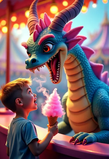 Happy adult Dragon in carnival booth with candy-colored sugar crystals scales and jaws wide open, (cotton candy is swirling out from dragon mouth:1.3) on a paper-cone, dragon looking at kid. a kid is holding up the paper-cone, kid looking at cotton candy. The kids eyes are wide open and his mouth open in disbelief. Carnival setting, mystical, vibrant. Realistic art, detailed. Digital painting, hyperrealism.